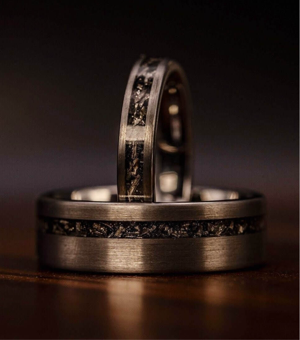 COUPLES SILVER METEORITE Rings, His and Hers Wedding Rings, Silver & Meteorite Wedding Bands, Wedding Ring Set, Real Meteorite Ring