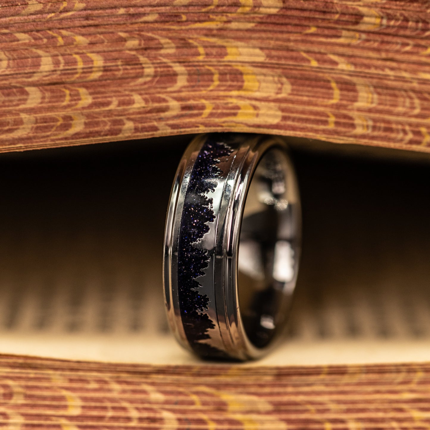 SILVER WEDDING RING, Mens wedding band with starry night, Etched Silver Trees and Silver Band, Unique Engraved Ring, Unique Galactic Band, Crushed Blue Sandstone