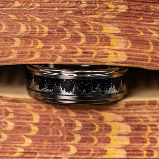 SILVER WEDDING RING, Mens wedding band with starry night, Etched Silver Trees and Silver Band, Unique Engraved Ring, Unique Galactic Band, Crushed Blue Sandstone