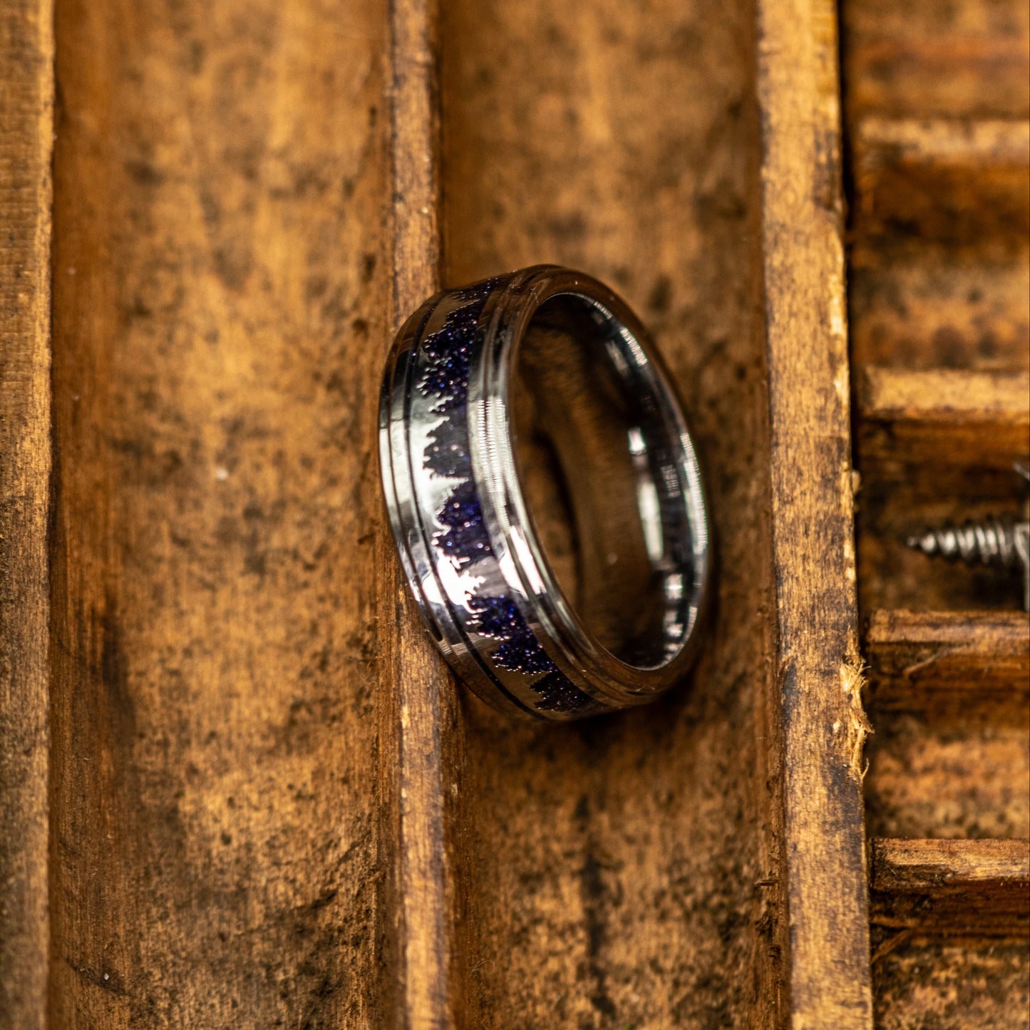 SILVER WEDDING RING, Mens wedding band with starry night, Etched Silver Trees and Silver Band, Unique Engraved Ring, Unique Galactic Band, Crushed Blue Sandstone