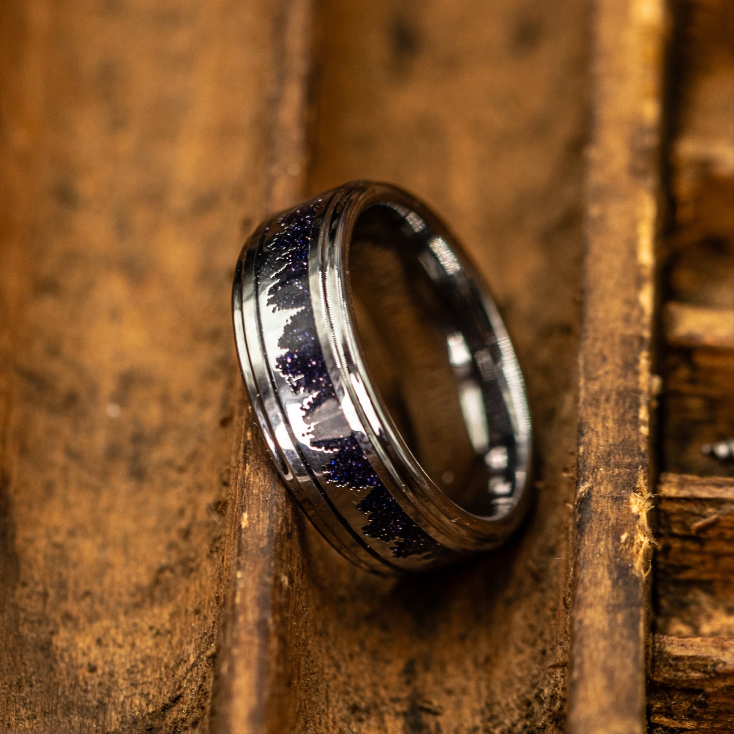 SILVER WEDDING RING, Mens wedding band with starry night, Etched Silver Trees and Silver Band, Unique Engraved Ring, Unique Galactic Band, Crushed Blue Sandstone