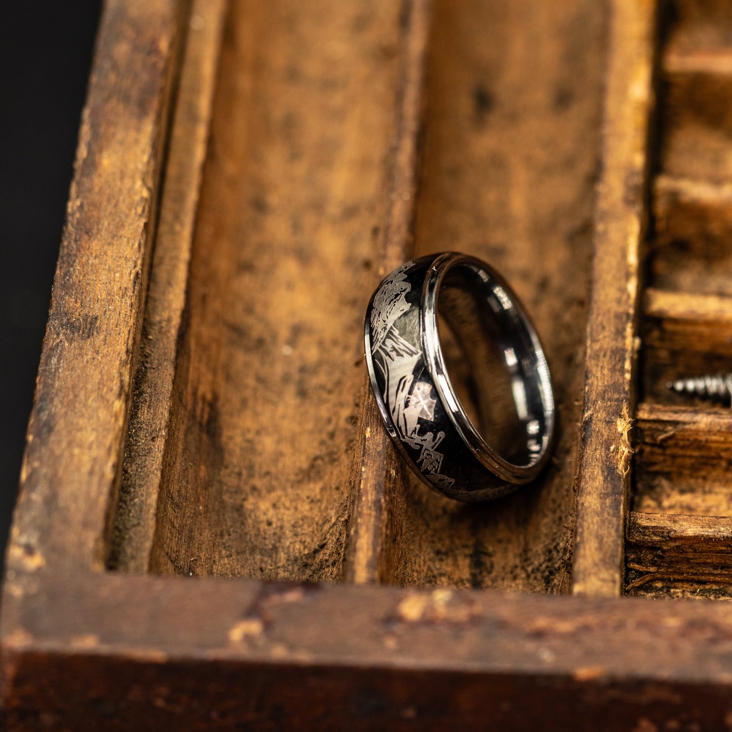 BLACK Tungsten WEDDING Ring with Silver Mountains and Silver Inside Band, Outdoor Ring, Engraved Mountain Ring, Unique Band, 8mm Ring