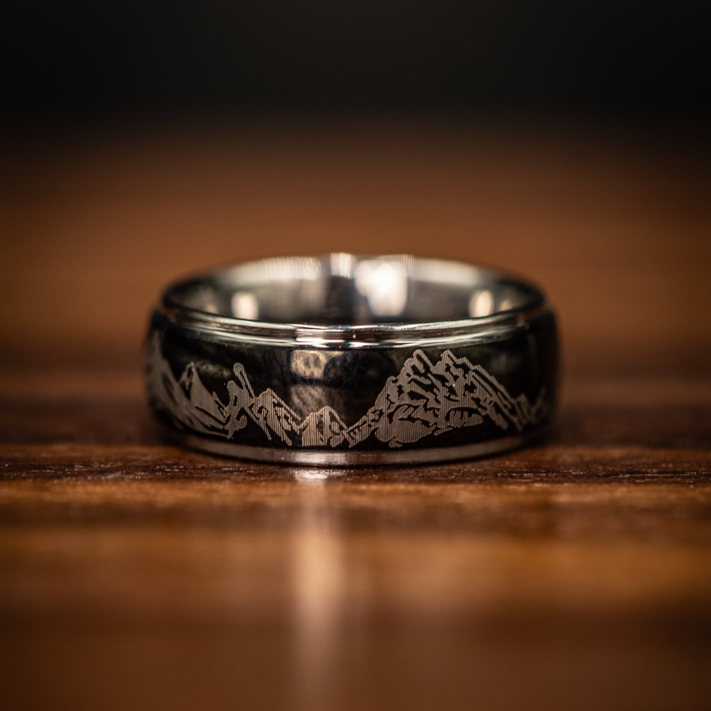 BLACK Tungsten WEDDING Ring with Silver Mountains and Silver Inside Band, Outdoor Ring, Engraved Mountain Ring, Unique Band, 8mm Ring