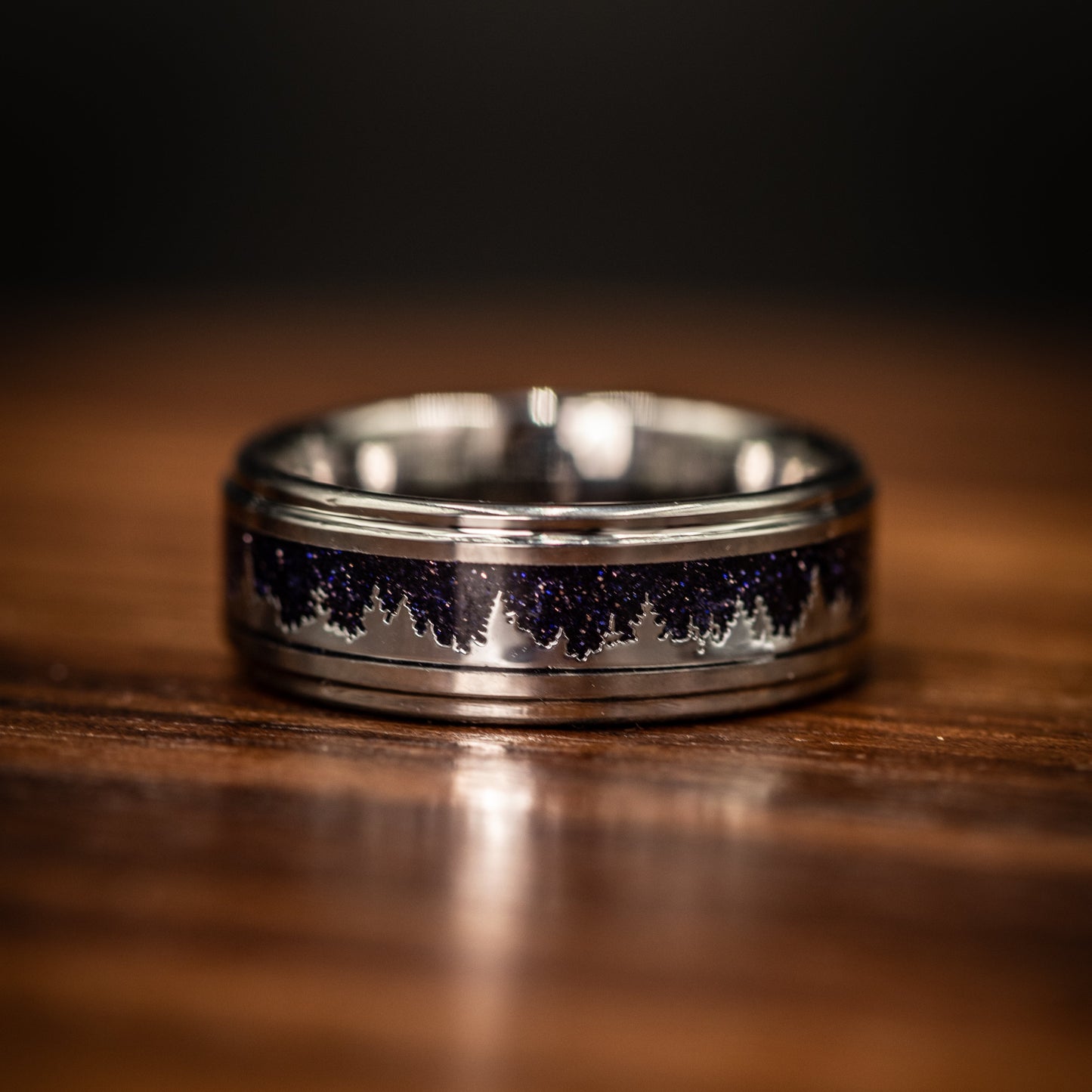 SILVER WEDDING RING, Mens wedding band with starry night, Etched Silver Trees and Silver Band, Unique Engraved Ring, Unique Galactic Band, Crushed Blue Sandstone