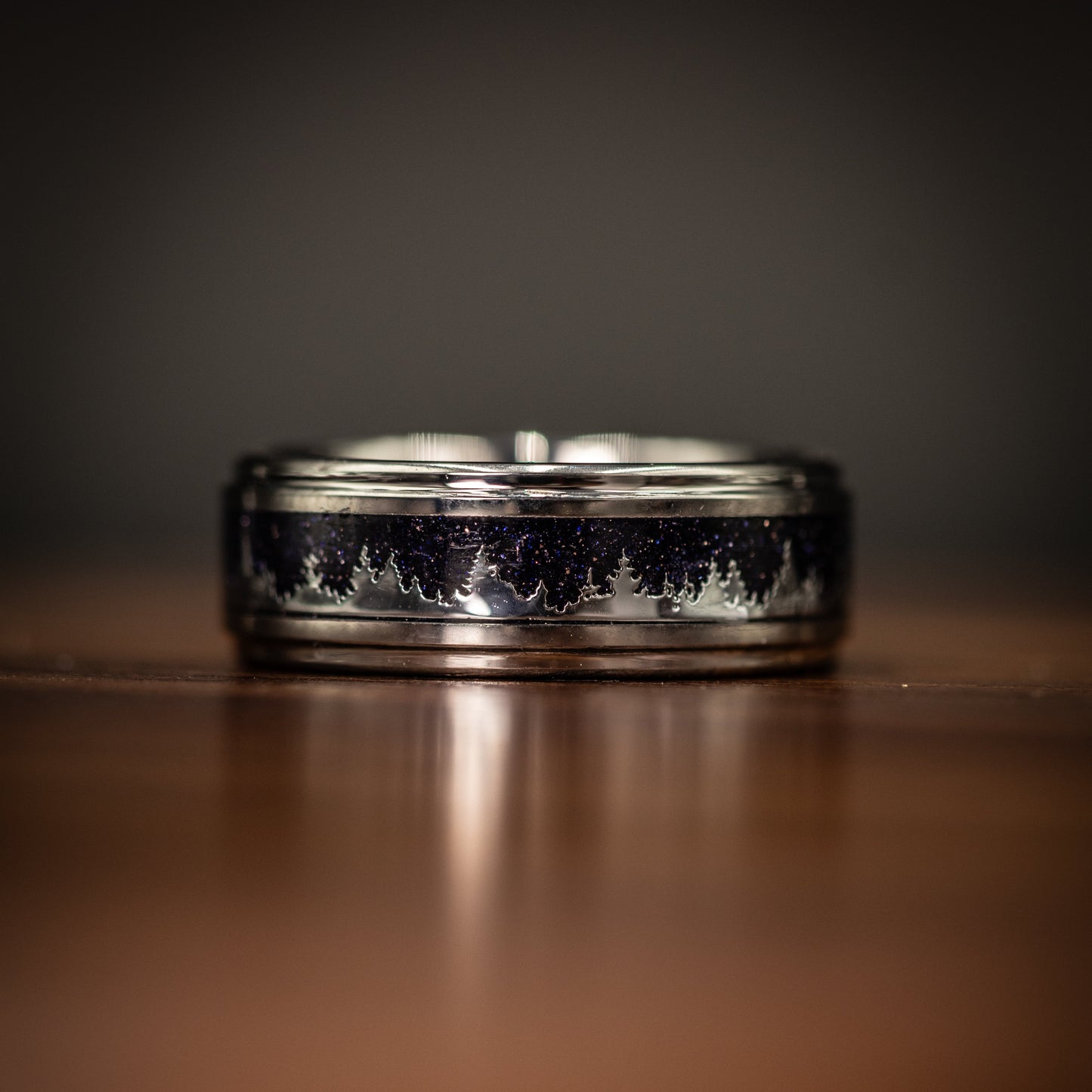 SILVER WEDDING RING, Mens wedding band with starry night, Etched Silver Trees and Silver Band, Unique Engraved Ring, Unique Galactic Band, Crushed Blue Sandstone