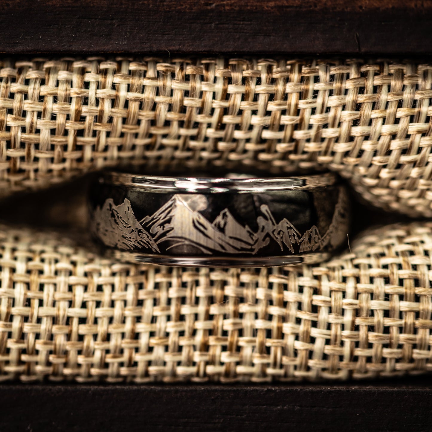 BLACK Tungsten WEDDING Ring with Silver Mountains and Silver Inside Band, Outdoor Ring, Engraved Mountain Ring, Unique Band, 8mm Ring