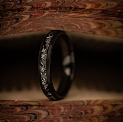 Women's meteorite ring featuring a black brushed finish, ideal for weddings or engagements.