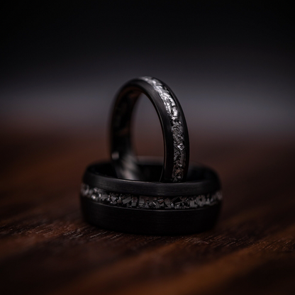 Stylish black brushed meteorite rings for couples
