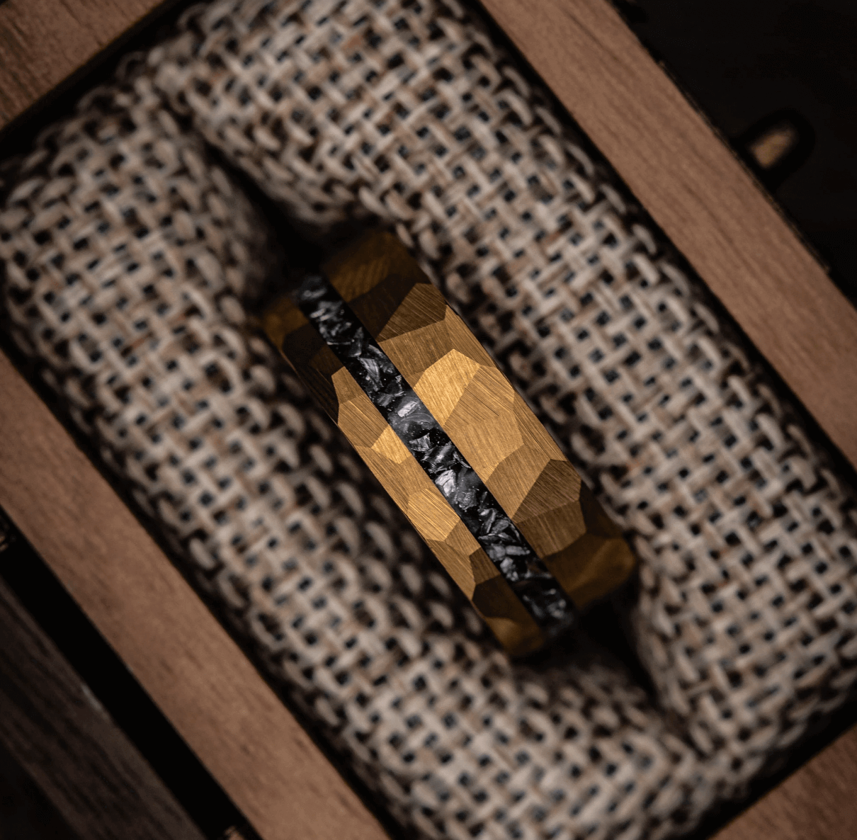 Mens yellow gold tungsten ring with meteorite in ring box