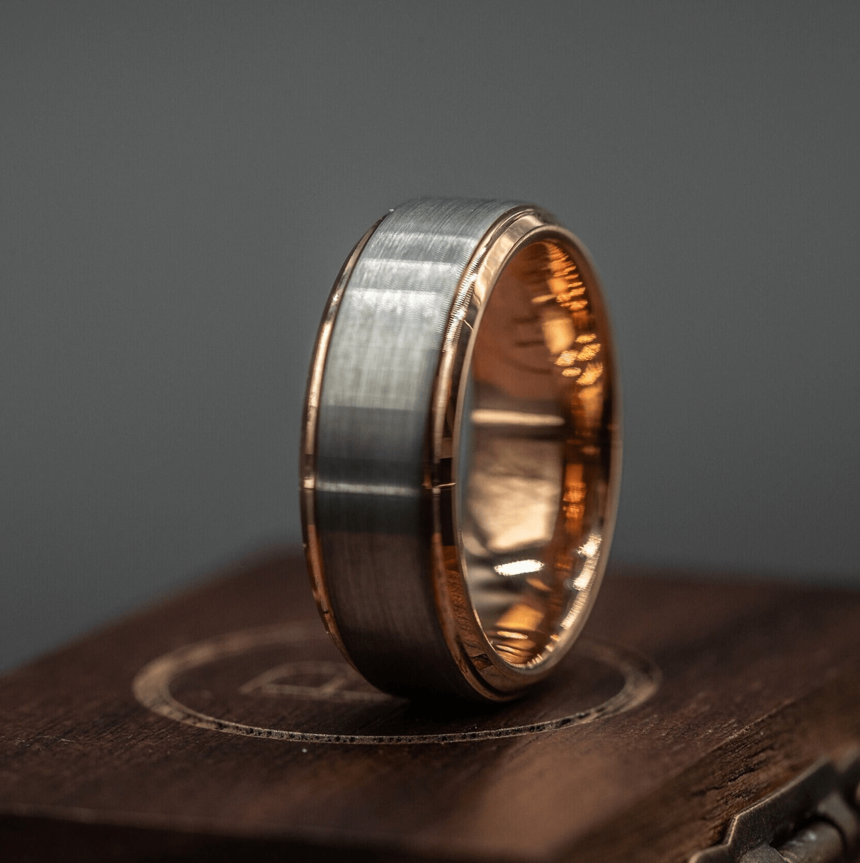 Rose Gold and Silver 8mm wedding band for men with unique brushed and polished finish, perfect for modern grooms.