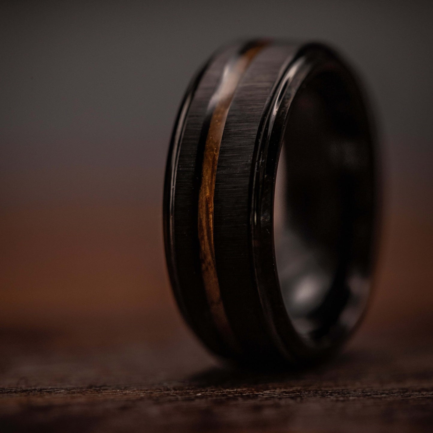 Black brushed tungsten wedding ring with Hawaiian Koa wood inlay, 8MM band, bold and rustic design.