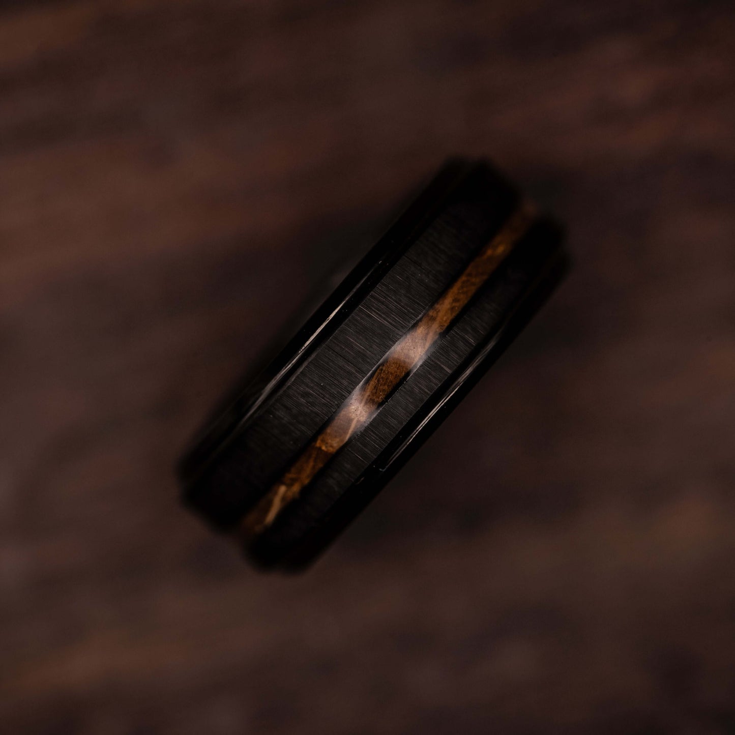 Black brushed tungsten ring with Hawaiian Koa wood inlay, 8MM men's wedding band, rustic modern design.