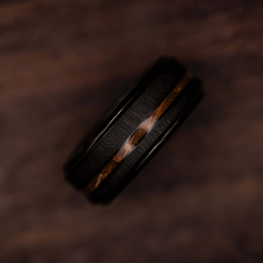 Black brushed tungsten ring with Hawaiian Koa wood inlay, 8MM men's wedding band, rustic modern design.