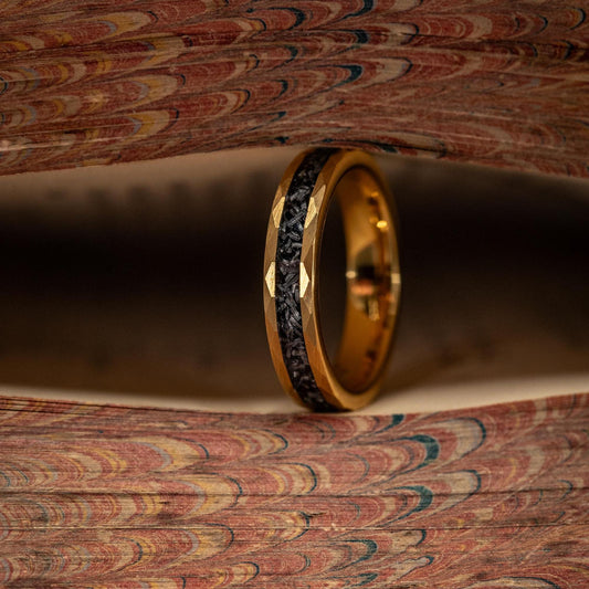 YELLOW GOLD METEORITE Hammered Ring, Gold Plated Hammered Wedding Band w. Real Meteorite Inlay, Yellow 18K Gold, Womens Ring, Meteorite Ring