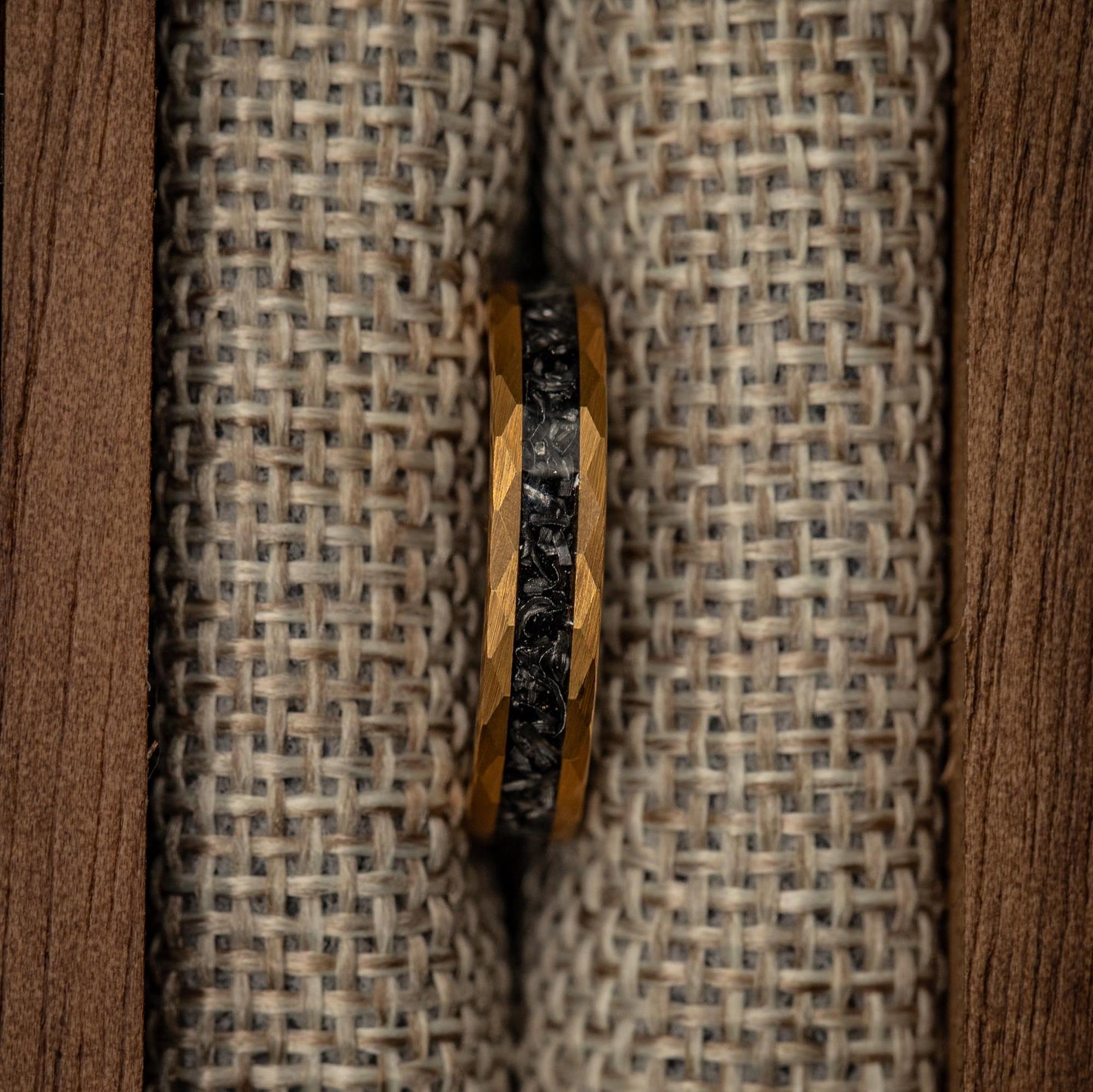 YELLOW GOLD METEORITE Hammered Ring, Gold Plated Hammered Wedding Band w. Real Meteorite Inlay, Yellow 18K Gold, Womens Ring, Meteorite Ring