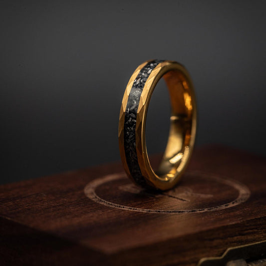 YELLOW GOLD METEORITE Hammered Ring, Gold Plated Hammered Wedding Band w. Real Meteorite Inlay, Yellow 18K Gold, Womens Ring, Meteorite Ring