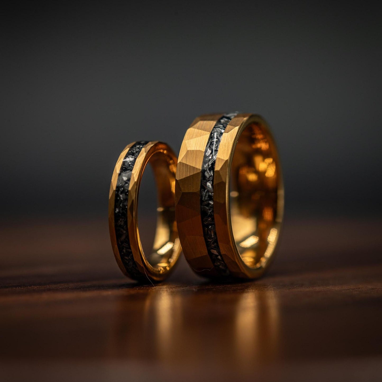 COUPLES HAMMERED GOLD wedding Rings, Yellow Gold Ring, His and Hers Wedding Rings, Gold & Meteorite Wedding Bands, Wedding Ring Set