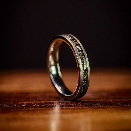 Women's Silver tungsten wedding Band with black meteorite inlay