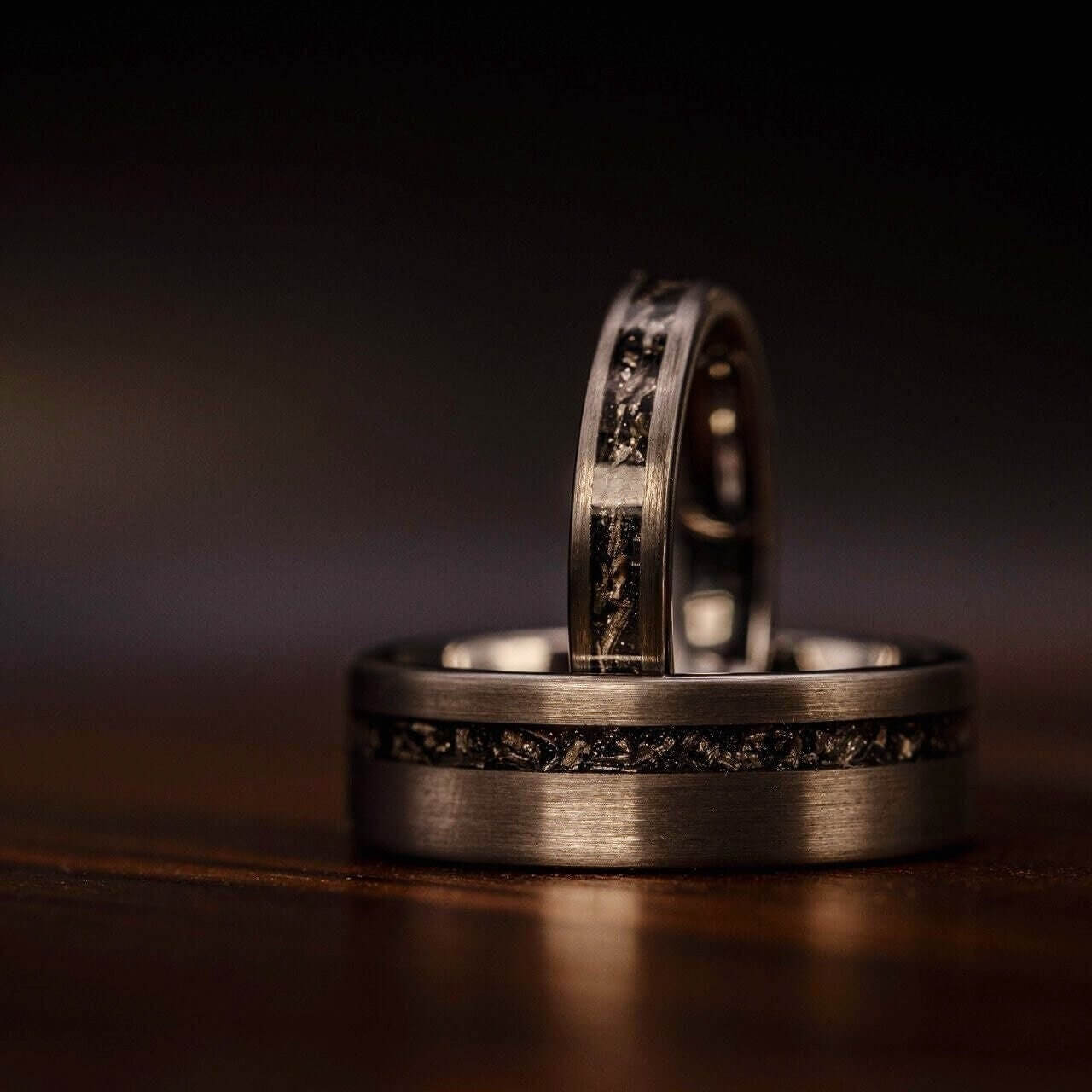 Couple's Silver Tungsten Wedding Ring Set with Black meteorite inlay