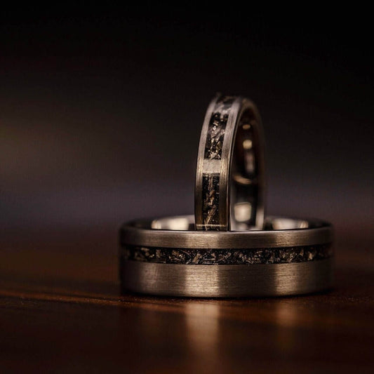 Couple's Silver Tungsten Wedding Ring Set with Black meteorite inlay