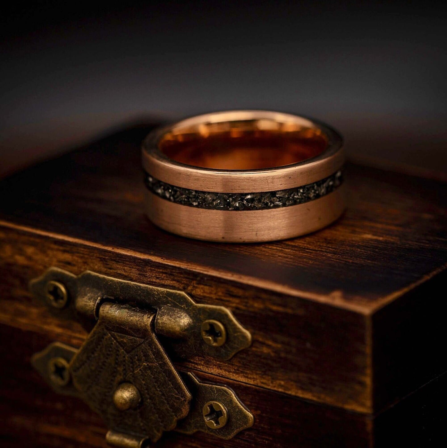 Sophisticated meteorite wedding band for men, complemented by rose gold accents.