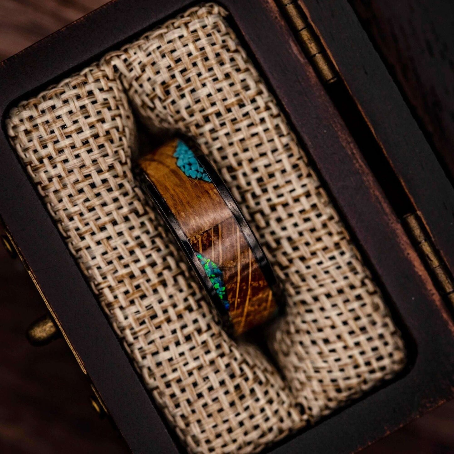 Wood ring with tungsten, turquoise, and opal