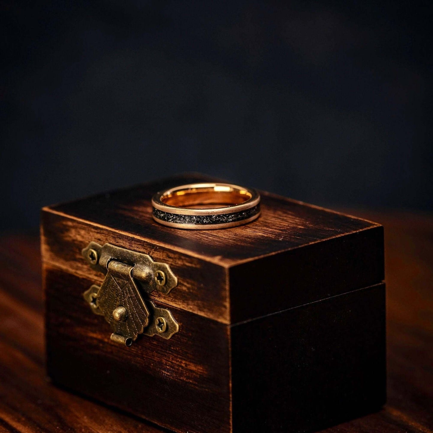 Rose gold meteorite engagement ring for women, showcasing a unique 4mm width.