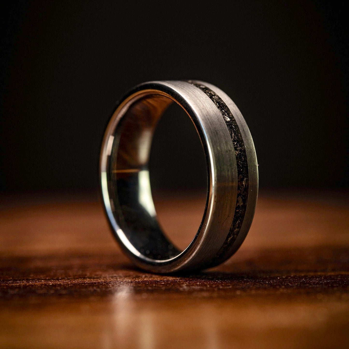Men's Silver tungsten Wedding Ring with black meteorite inlay