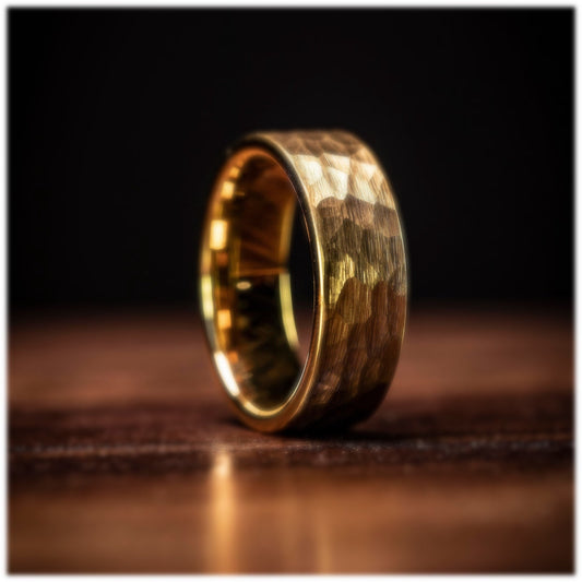 Men's hammered gold wedding ring, crafted from 18K yellow gold for timeless elegance.