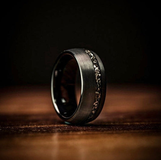 Men's wedding band featuring black meteorite with brushed finish, 8mm width.