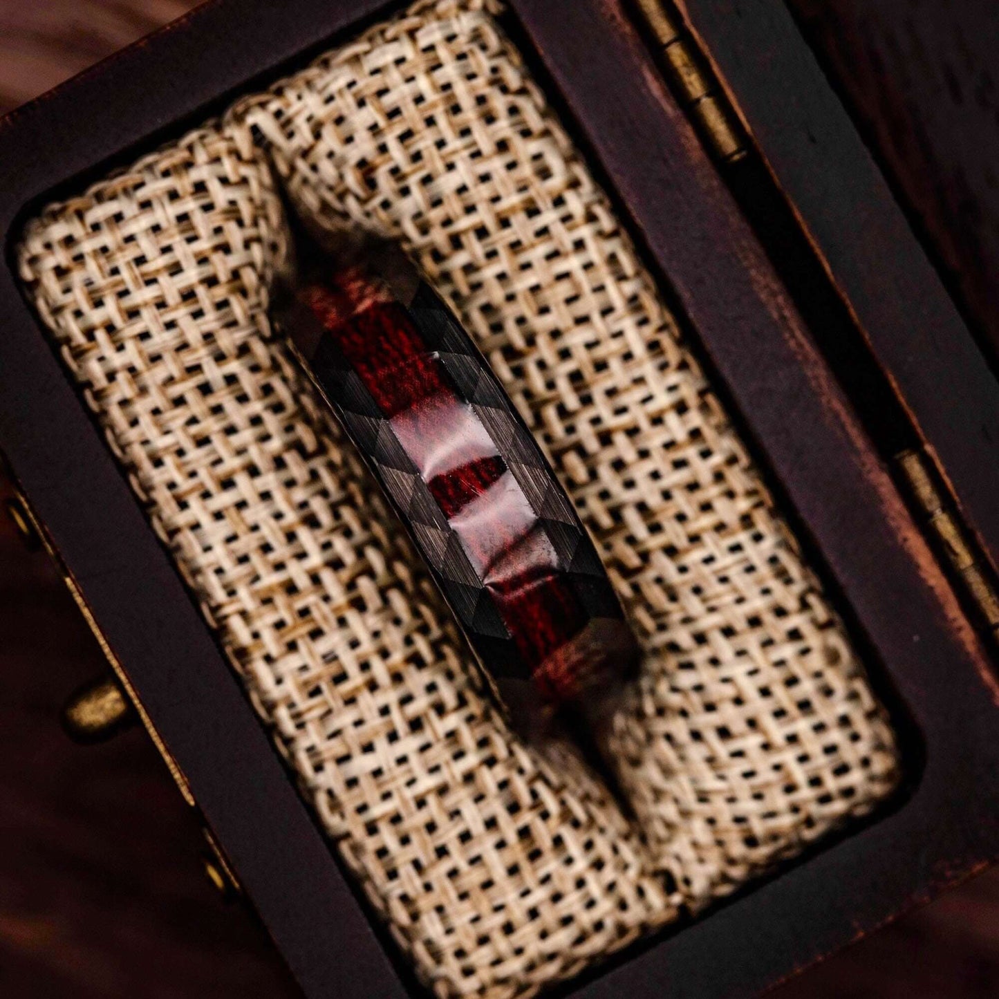 Black 8mm Hammered Wedding ring Set with Red Koa Wood Inlay inside walnut ring box