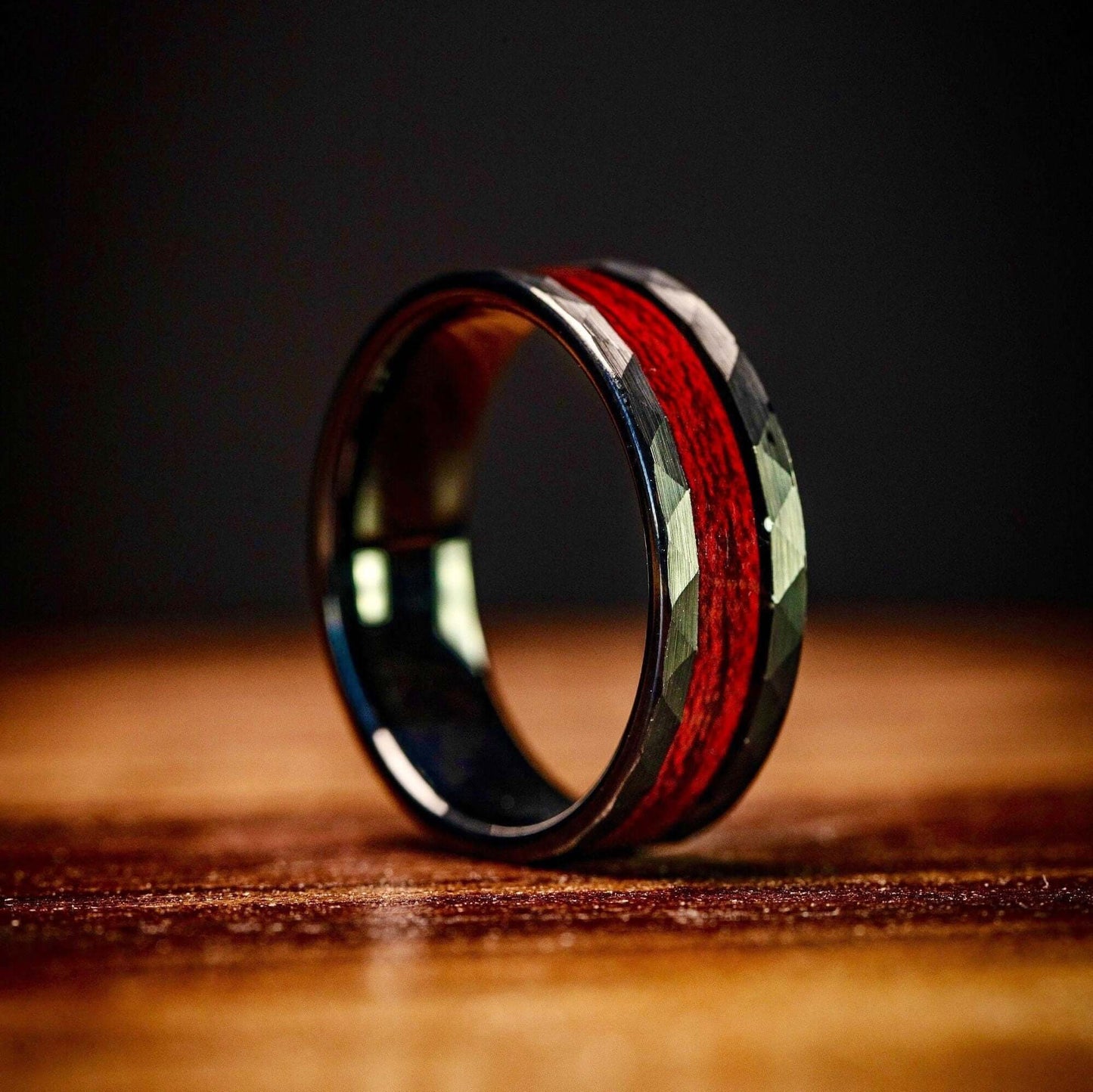 Black 8mm Hammered Wedding ring Set with Red Koa Wood Inlay