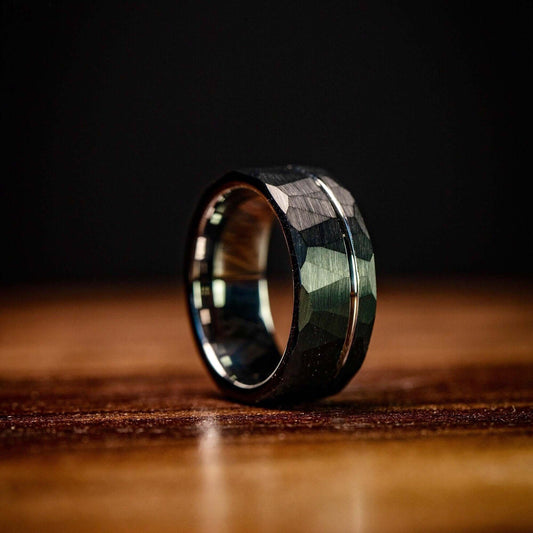 Hammered Black Tungsten Wedding Band with Silver Channel Inlay and Polished Silver Inner Band
