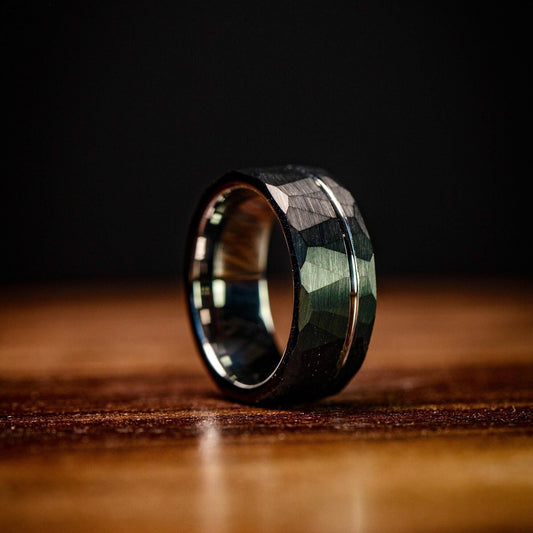Hammered Black Tungsten Wedding Band with Silver Channel Inlay and Polished Silver Inner Band