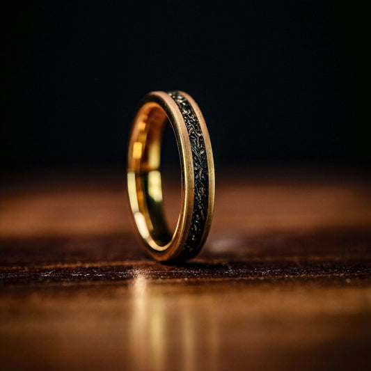 Women's rose gold wedding band with authentic meteorite inlay, offering a celestial touch.