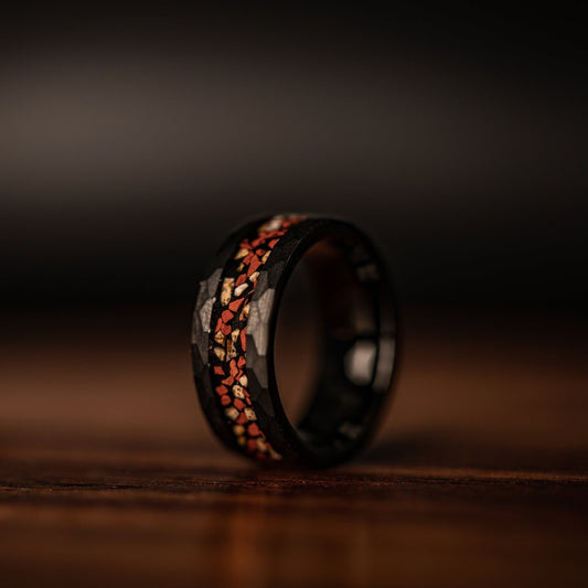 Hammered Black Tungsten Wedding Ring with Red and White Dinosaur Bone Inlay