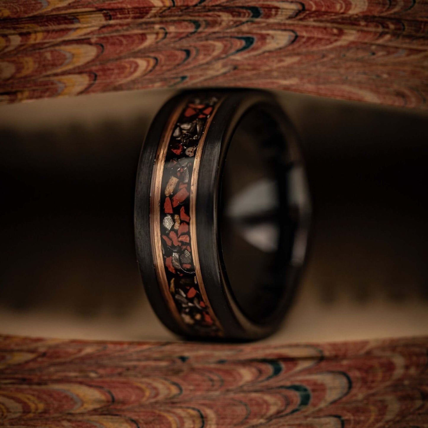 8mm Tungsten Black Wedding Band with yellow gold and dinosaur bone inlay