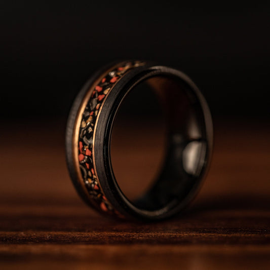 Black tungsten wedding Ring with Dinosaur Bone and meteorite inlay
