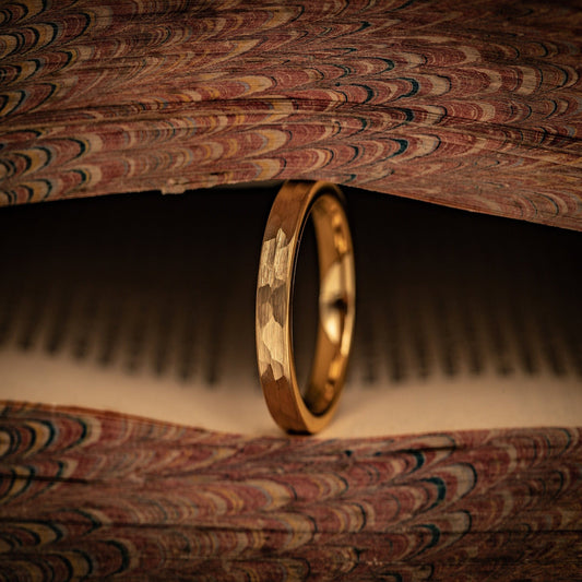 Women's 4mm Hammered Yellow Gold Tungsten Wedding Ring
