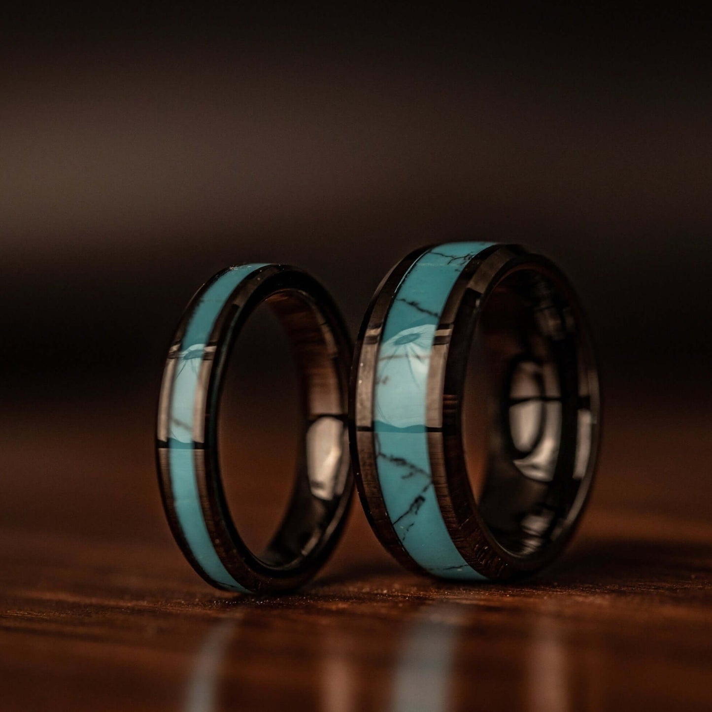 Couples black tungsten ring set 4mm and 8mm with turquoise inlay
