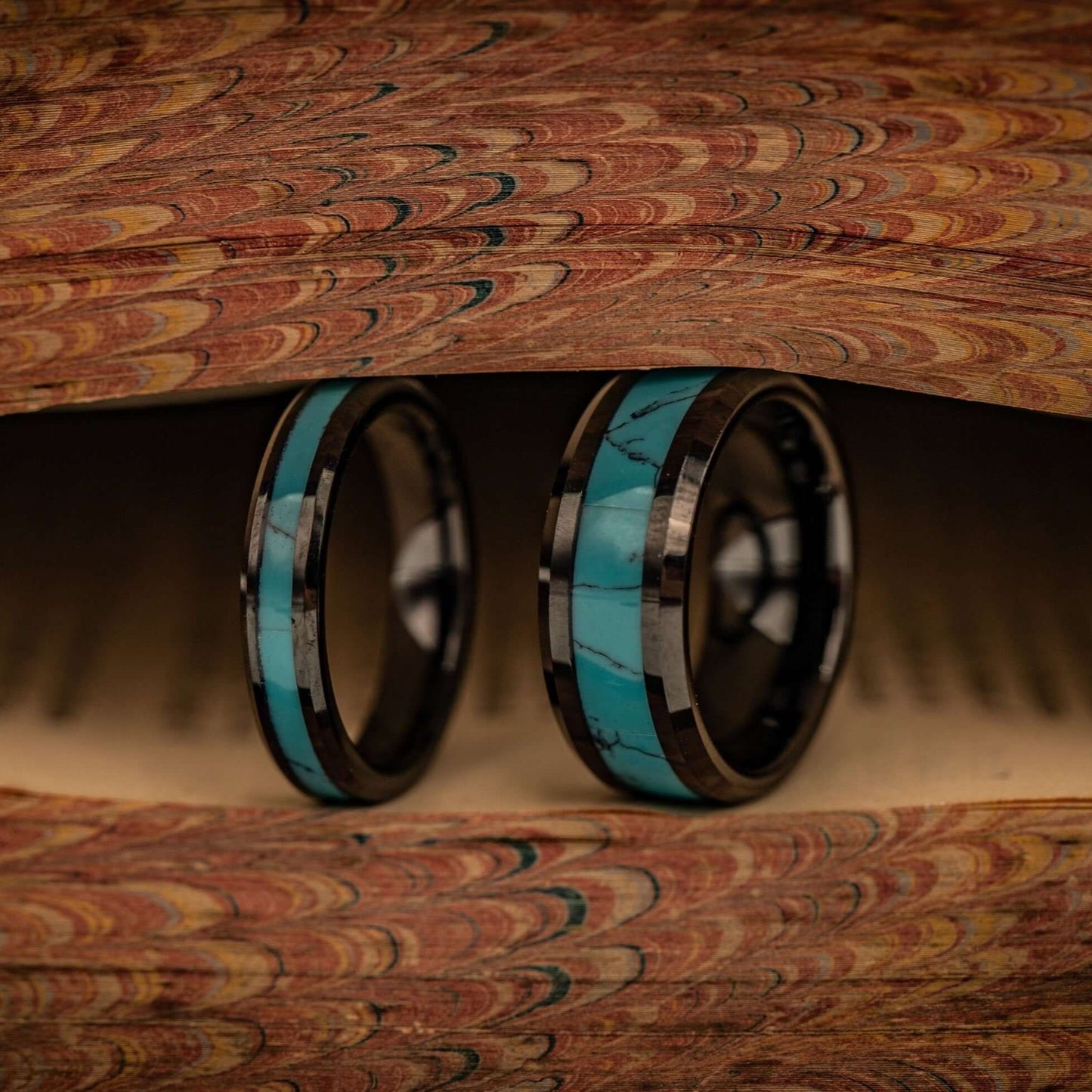 Couples ring set of black tungsten wedding bands with turquoise stone