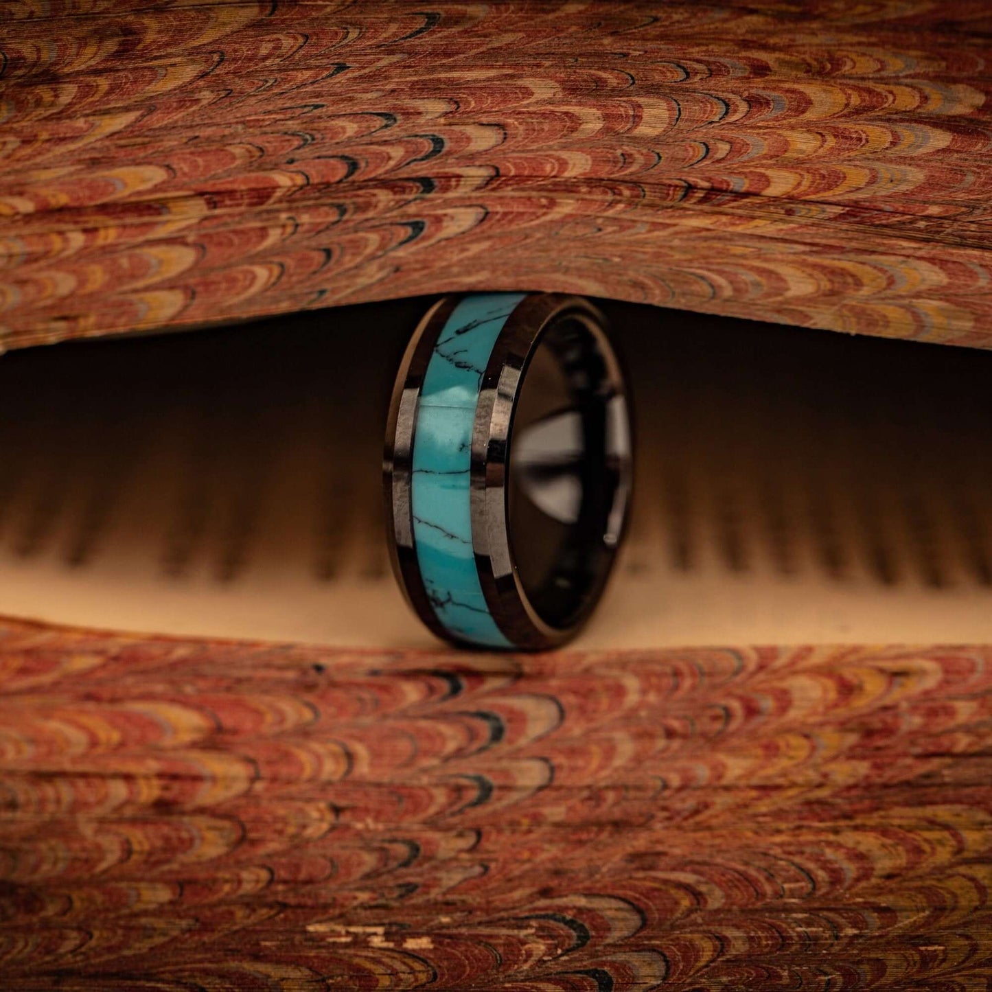Mens 8mm Black tungsten ring with Turquoise inlay