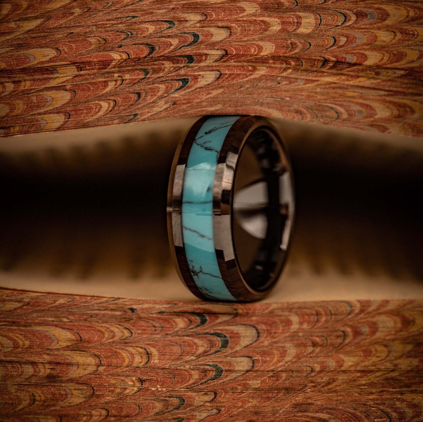 8mm Mens black wedding band with turquoise