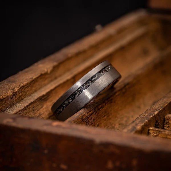 A Unique Connection to the Cosmos: The Silver and Meteorite Men’s Tungsten Wedding Band