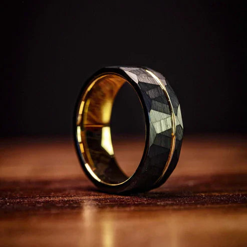 The Timeless Appeal of the Hammered Black Wedding Ring with Yellow Gold