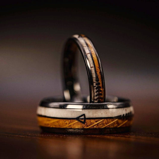 Country wedding rings: his and hers deer antler and whiskey barrel wood wedding band set