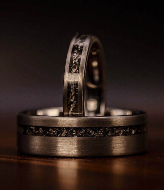 COUPLES SILVER METEORITE Rings, His and Hers Wedding Rings, Silver & Meteorite Wedding Bands, Wedding Ring Set, Real Meteorite Ring