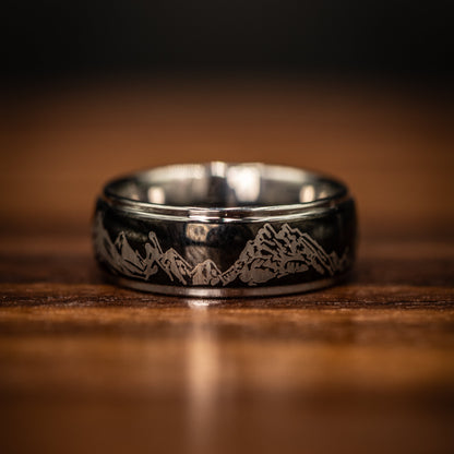 BLACK Tungsten WEDDING Ring with Silver Mountains and Silver Inside Band, Outdoor Ring, Engraved Mountain Ring, Unique Band, 8mm Ring