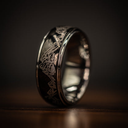 BLACK Tungsten WEDDING Ring with Silver Mountains and Silver Inside Band, Outdoor Ring, Engraved Mountain Ring, Unique Band, 8mm Ring