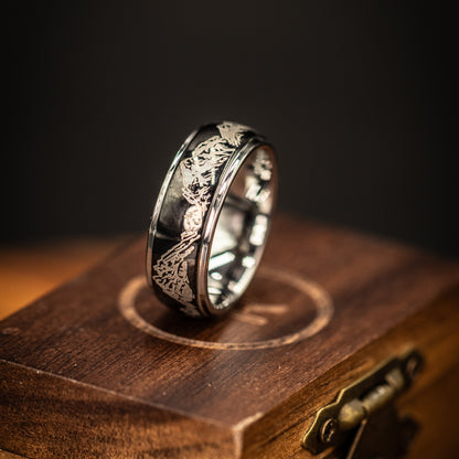 BLACK Tungsten WEDDING Ring with Silver Mountains and Silver Inside Band, Outdoor Ring, Engraved Mountain Ring, Unique Band, 8mm Ring